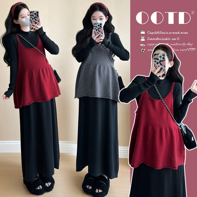 时尚孕妇装2025减龄秋新款网红韩版时尚高品质吊带裙软糯打底套装