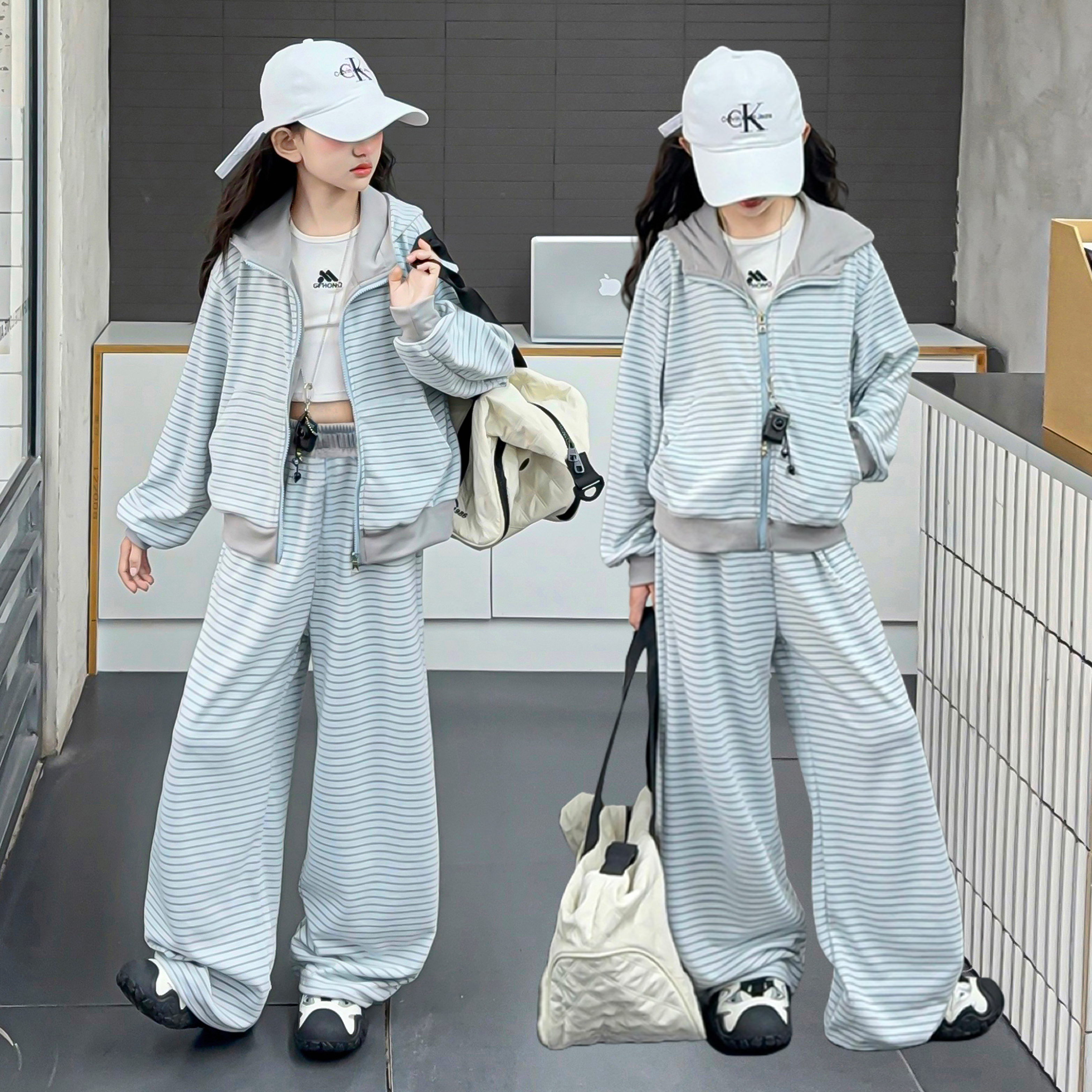 女童春秋拉链运动风秋季条纹套装2025新款中大童休闲风常规款套装