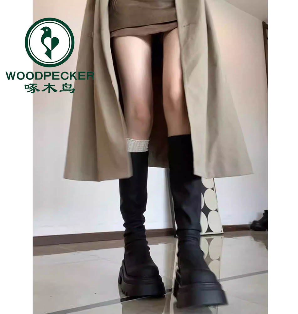 啄木鸟长靴女2025秋冬新款厚底高筒显瘦堆堆靴子小个子长筒骑士靴