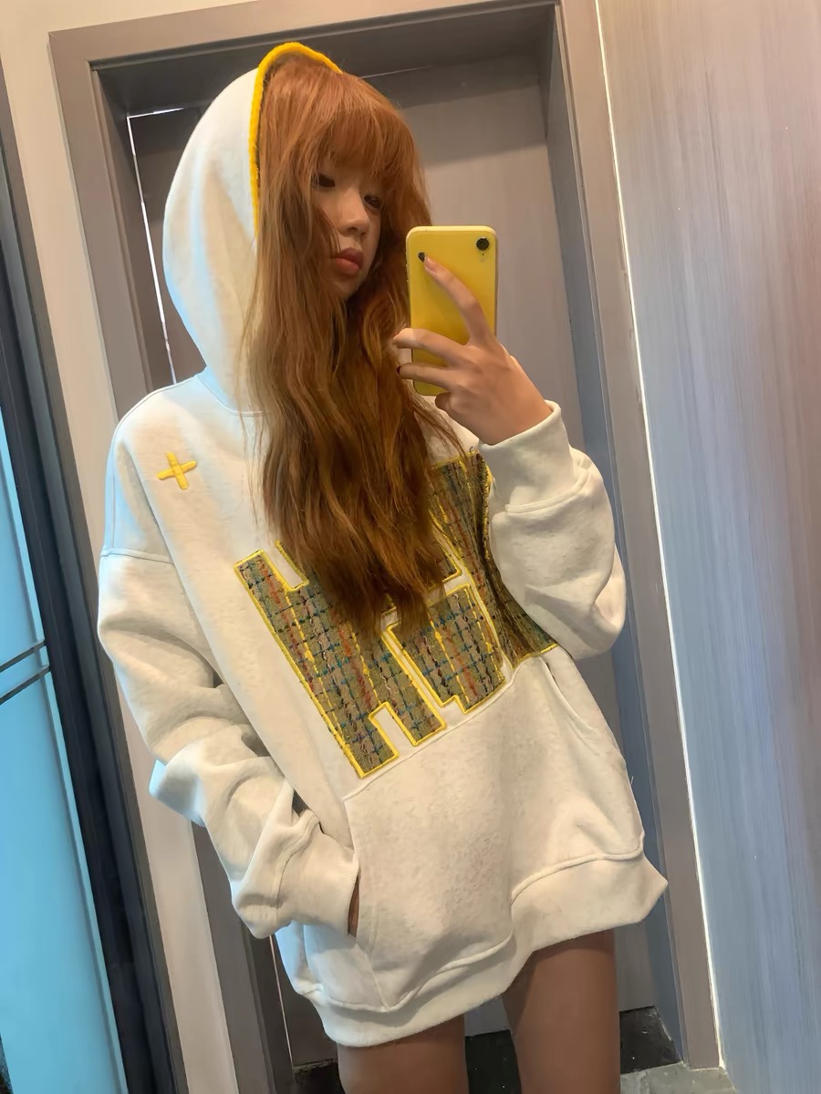 纯棉春秋高级感灰色刺绣连帽卫衣女秋冬加绒宽松oversize高街外套