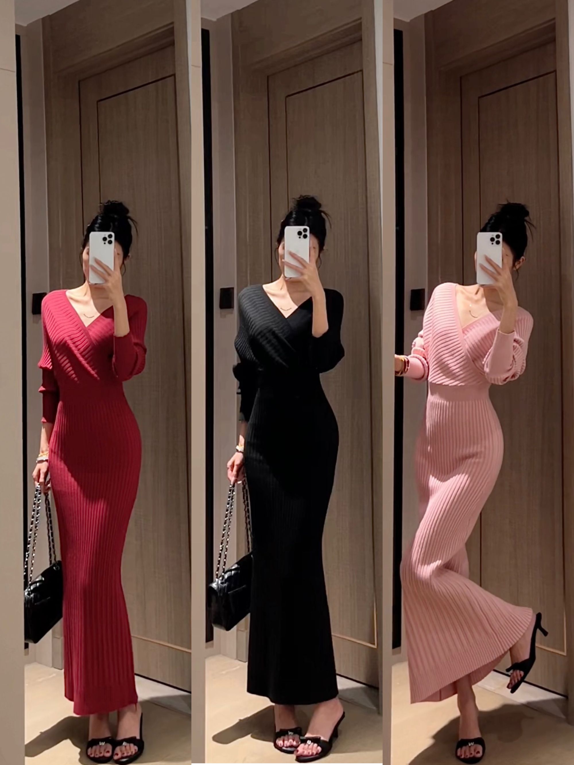 秋冬一字肩法式长裙轻者风包臀裙气质显瘦名嫒气质长袖V领连衣裙