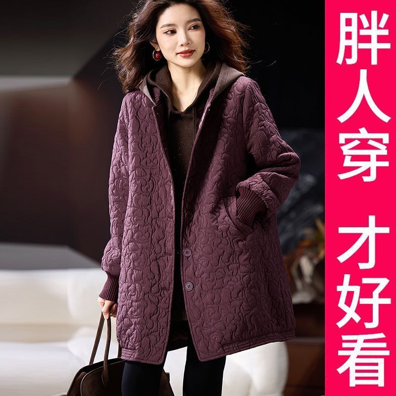 200斤高档大码休闲提花连帽棉服女冬季新款中长款外套欧洲站女装