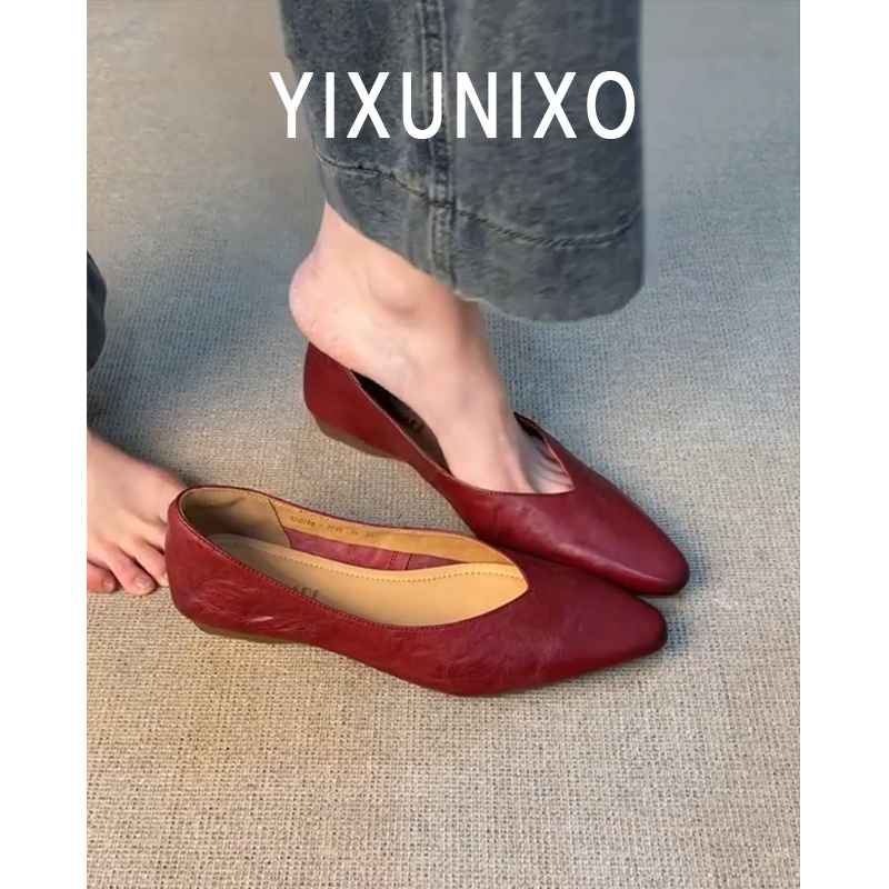 羊皮版~通勤平底鞋女百搭简约复古单鞋一脚蹬尖头浅口外穿职业鞋