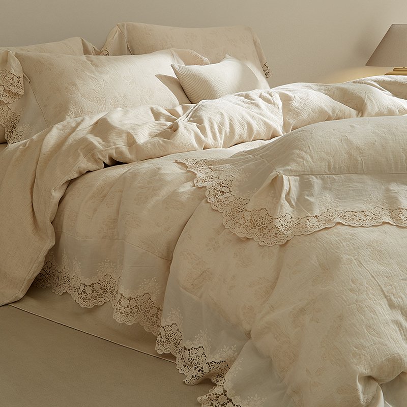 a类母婴级法式蕾丝花边款四件套棉麻床单被套套件床笠款亚麻