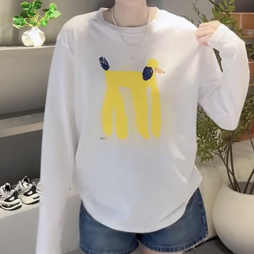 通勤休闲时尚长袖卡通印花韩版白色套头T恤