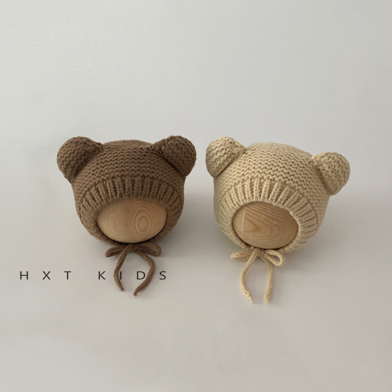 婴儿帽子秋冬款针织系带超萌可爱小熊护耳帽婴幼儿宝宝秋冬毛线帽