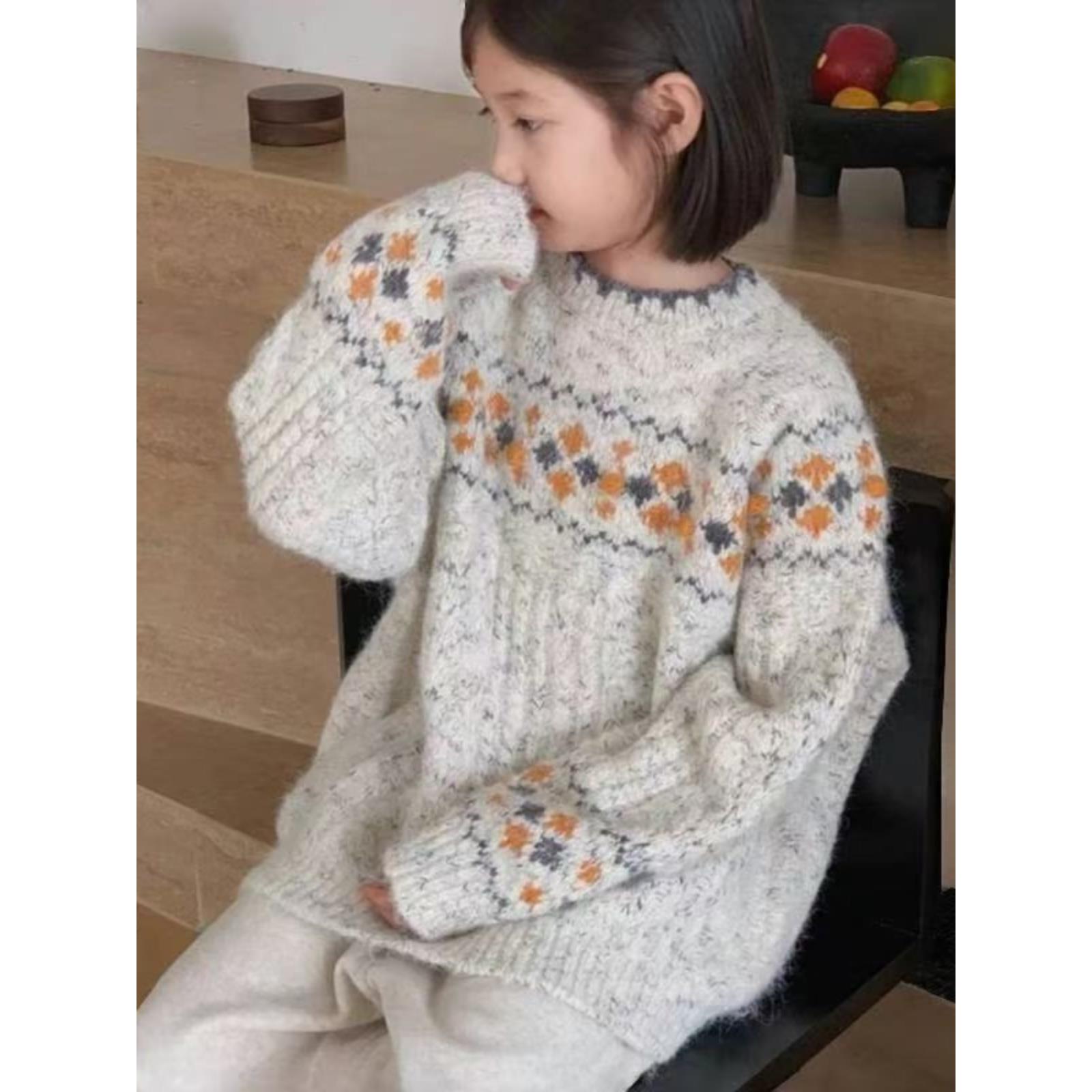 女童费尔岛毛衣加厚秋冬款中大童圆领套头衫慵懒风覆古提花针织衫