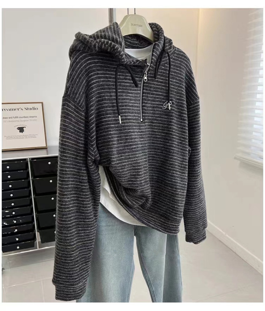 大码胖mm软糯韩版复古温柔半拉链连帽卫衣女秋冬宽松慵懒帽衫上衣