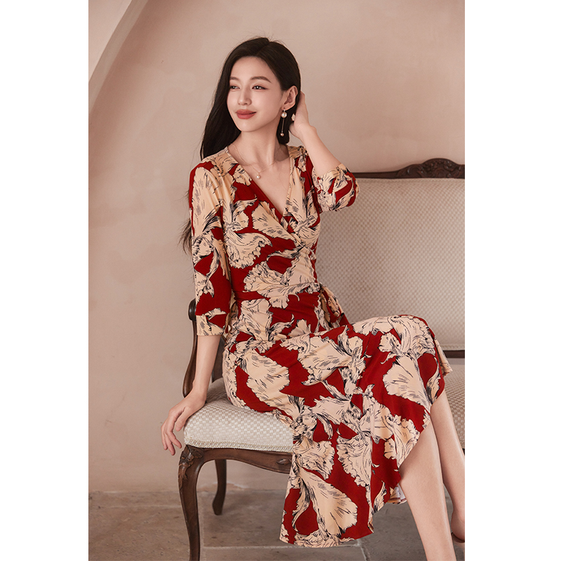 法国茵芝本INZB夏日绝美小裙子收腰显瘦红色印花鱼尾裹身连衣裙女