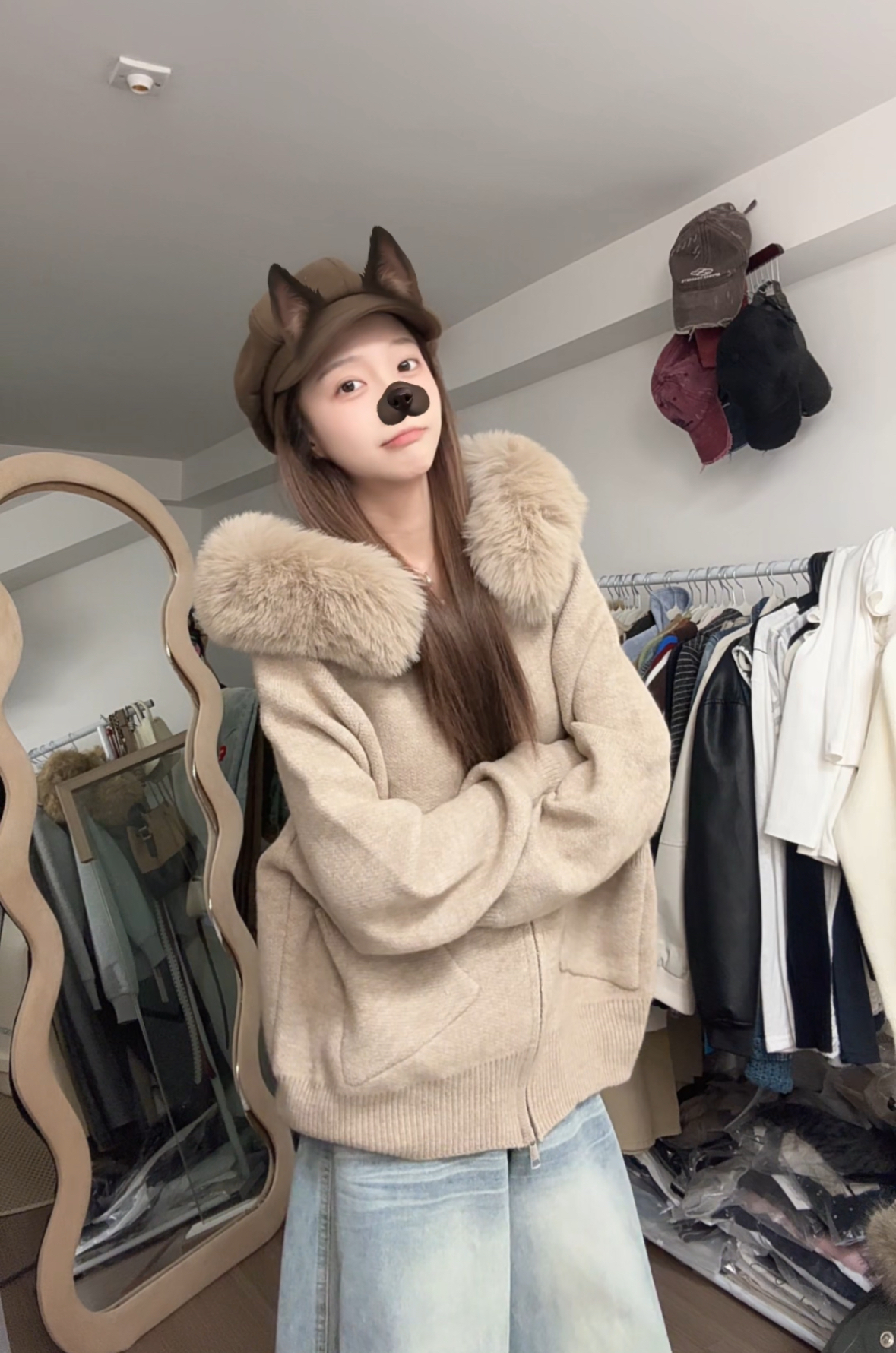 温柔白色连帽拉链针织外套女拼接毛领2025春季新款韩系慵懒风开衫