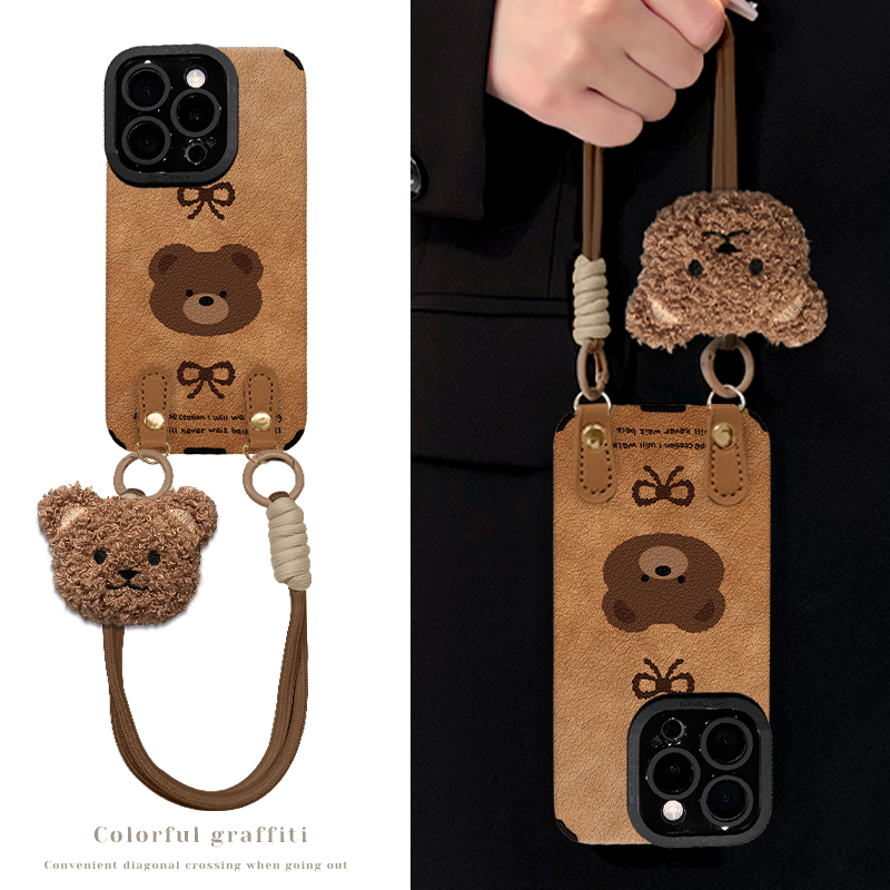 小熊蝴蝶结适用苹果17华为vivo/oppo小米iPhone16瞳眼羊皮手机壳