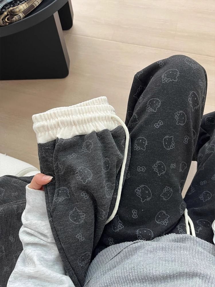 孕妇印花裤2025秋季新款高腰无托腹抽绳小个子阔腿垂感直筒裤秋冬