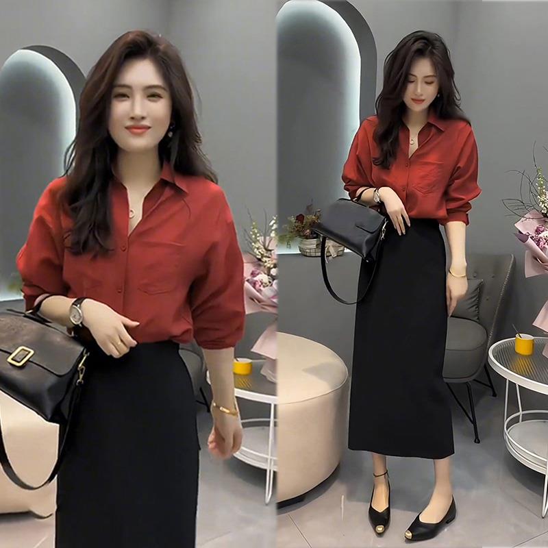 2025超火穿搭一整套女春秋季时尚气质长袖衬衫直筒半身裙两件套装