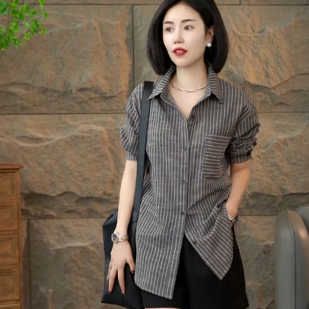 秋季新款女士时尚百搭休闲显瘦条纹长袖衬衫上衣