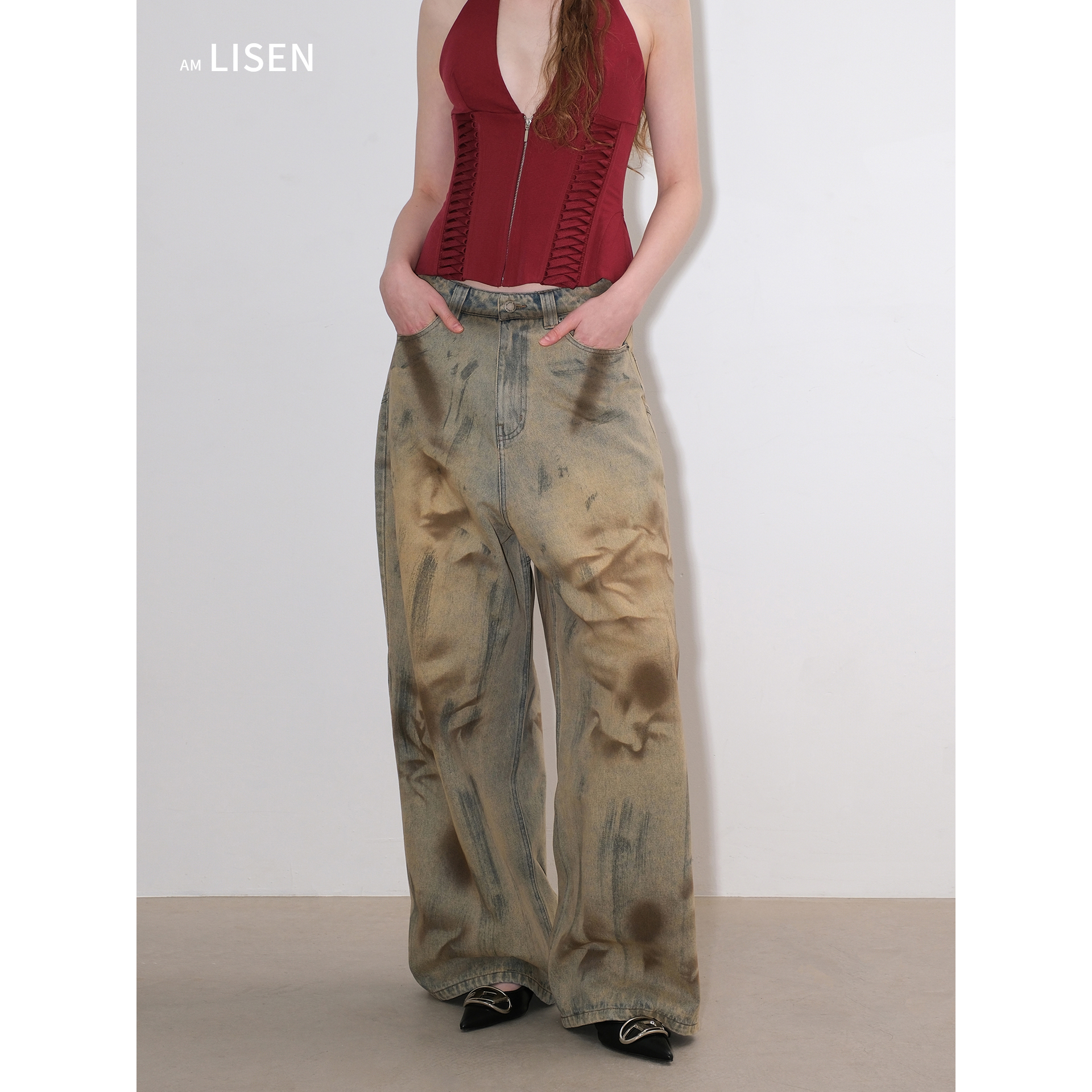离森美式高街废土风黄泥扎染辣妹做旧水洗设计牛仔拖地裤