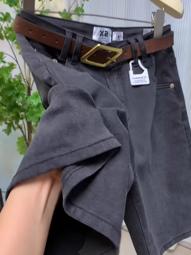 黑灰色牛仔短裤女夏季薄款2025年弹力高腰显瘦阔腿直筒五分中裤子