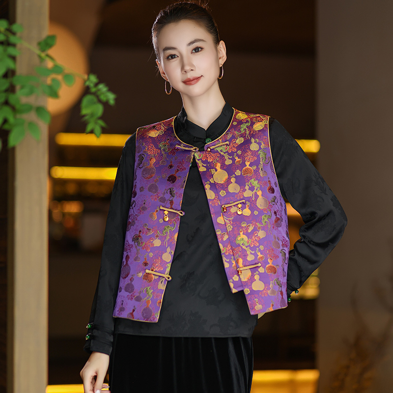 【紫金葫芦】新中式宋锦提花马甲女2025秋季复古优雅百搭盘扣背心