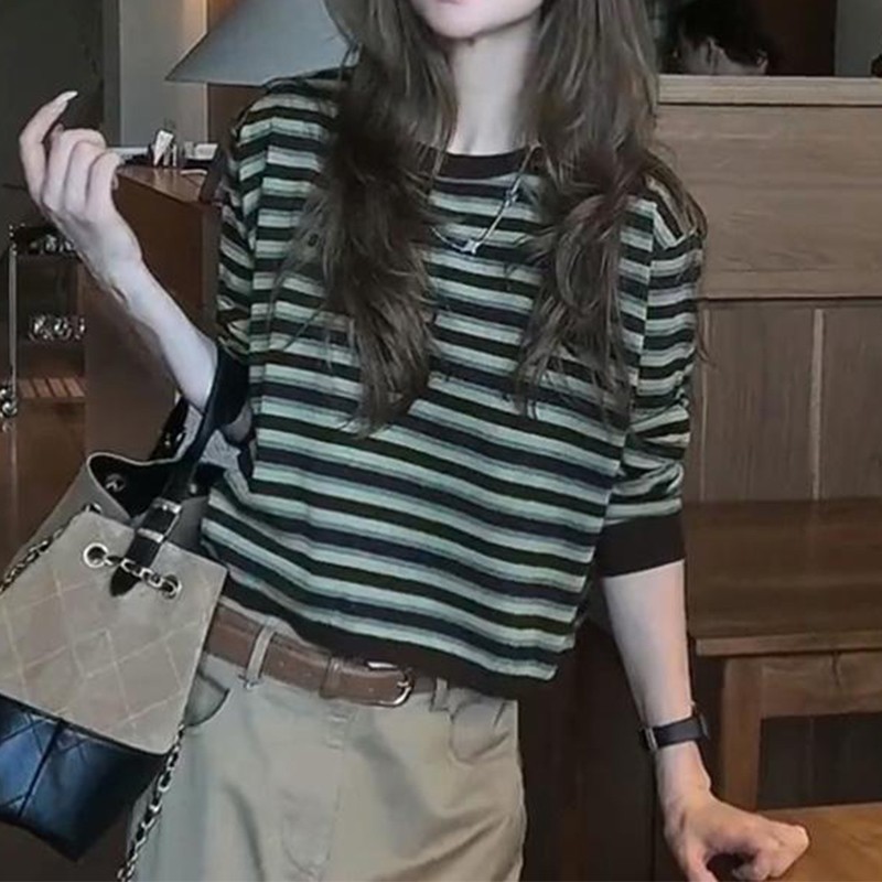 绿色条纹T恤女秋季2025新款韩版ins复古撞色圆领正肩长袖上衣