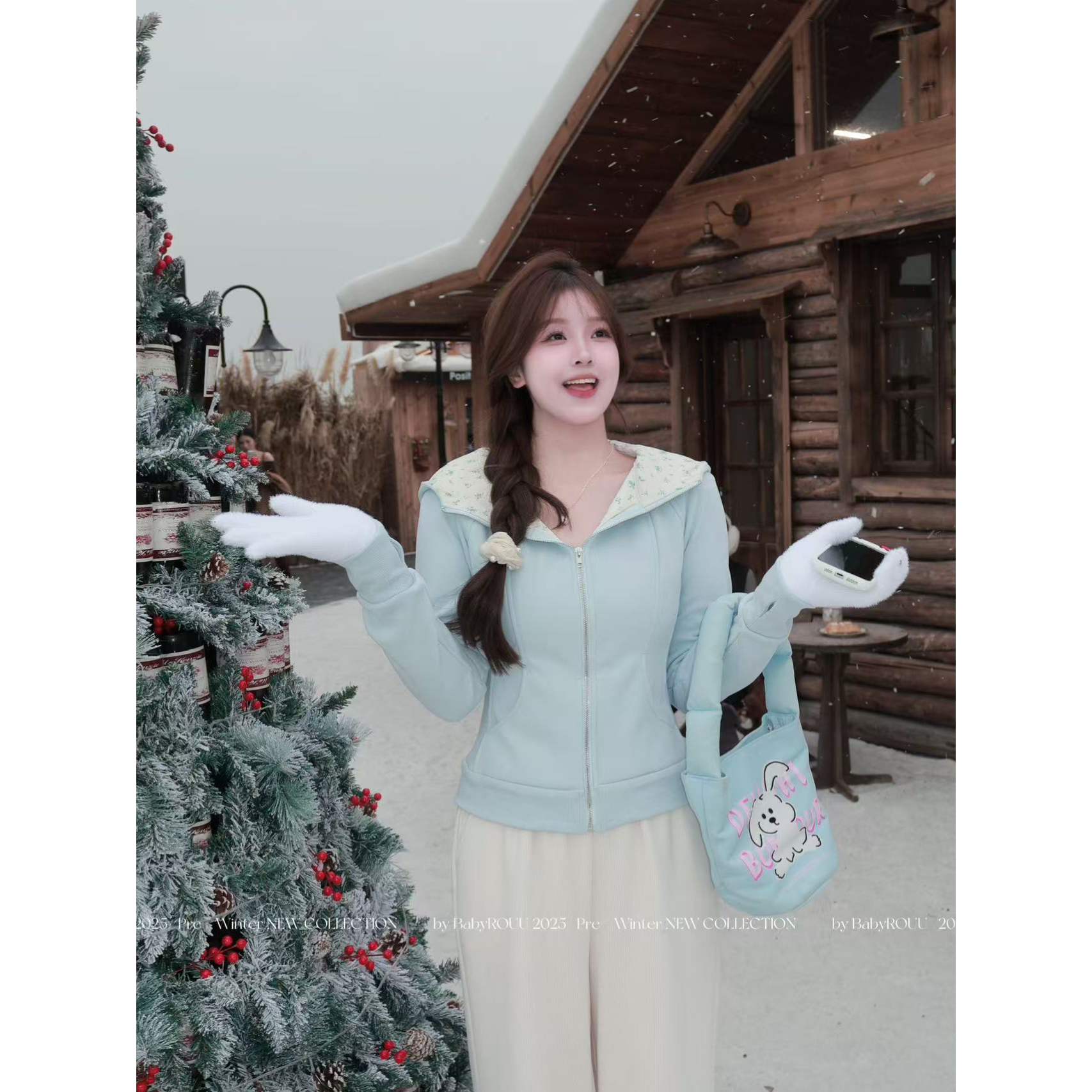 【奶蓝绵绵】温与柔 冬日也能穿出氧气感~加绒帽子拼色显瘦外套