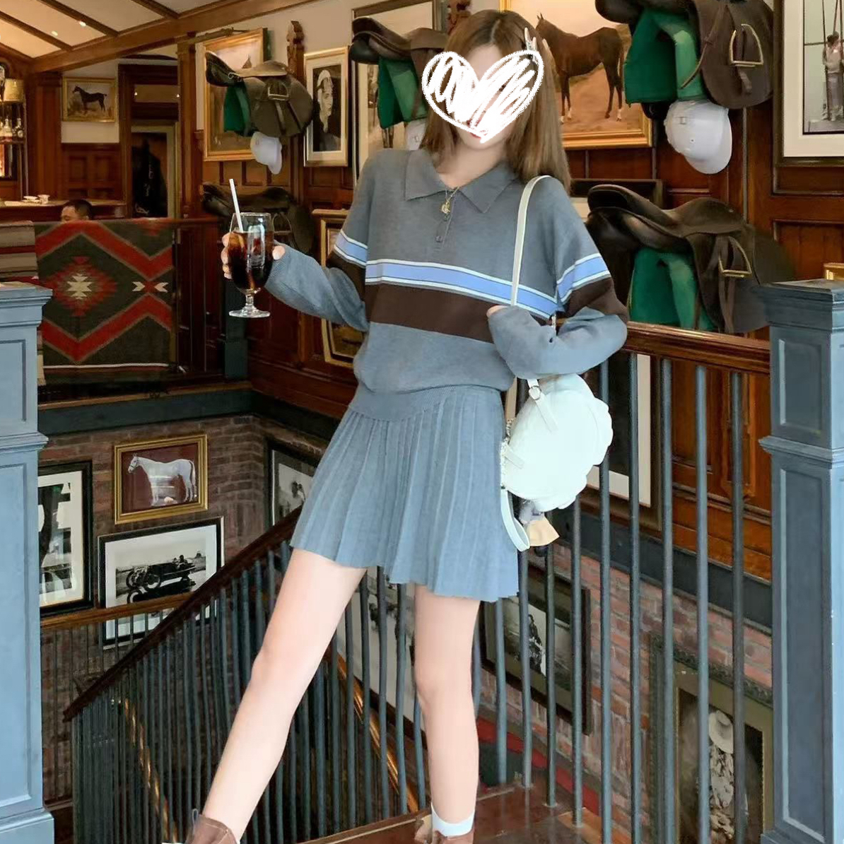 韩系灰色条纹长袖针织衫套装女秋冬宽松上衣百褶裙两件套