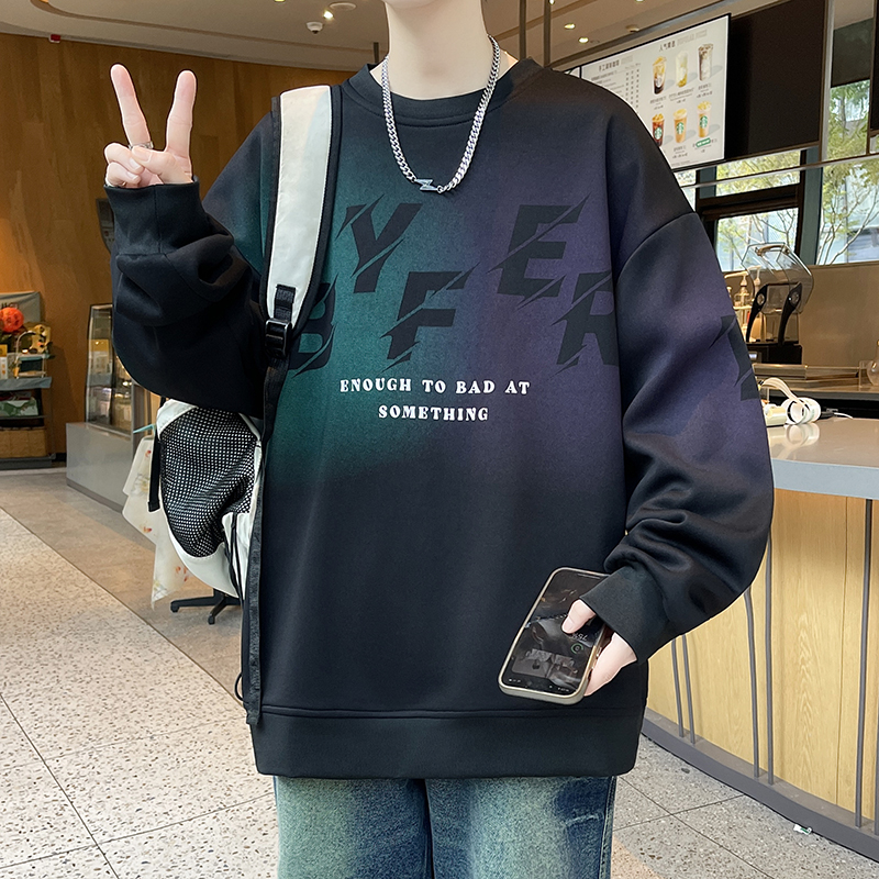 春秋季宽松休闲印花圆领卫衣青少年学生百搭休闲潮流长袖上衣男生