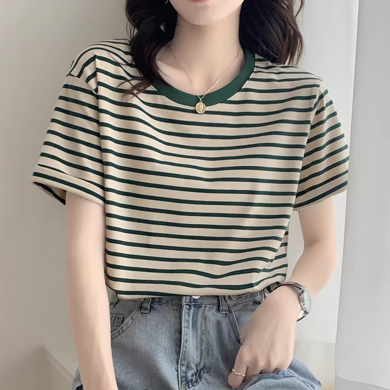 爆款百搭条纹纯棉短袖t恤女2025夏季新款洋气宽松上衣打底衫欧货