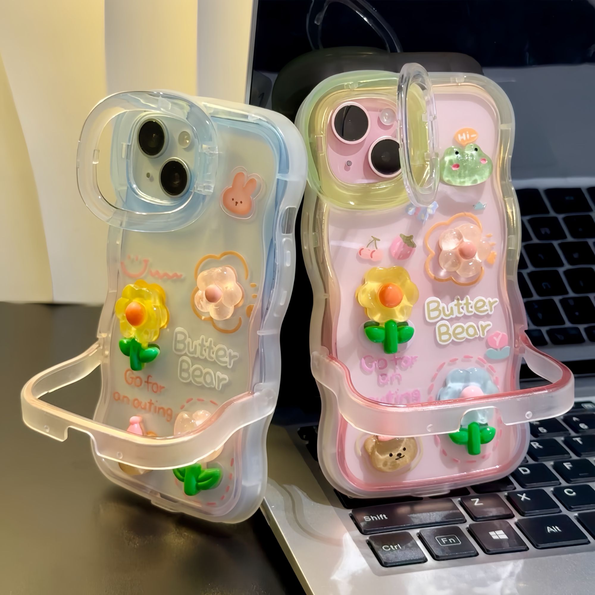 卡通立体青蛙花适用苹果15iPhone16双支架手机壳华为p70vivo小米