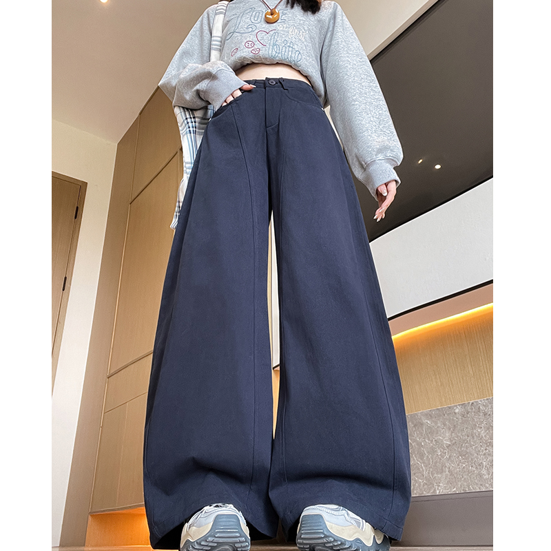 藏青弯刀裤女春秋季2025新款高腰休闲风牛仔裤宽松显瘦拖地阔腿裤