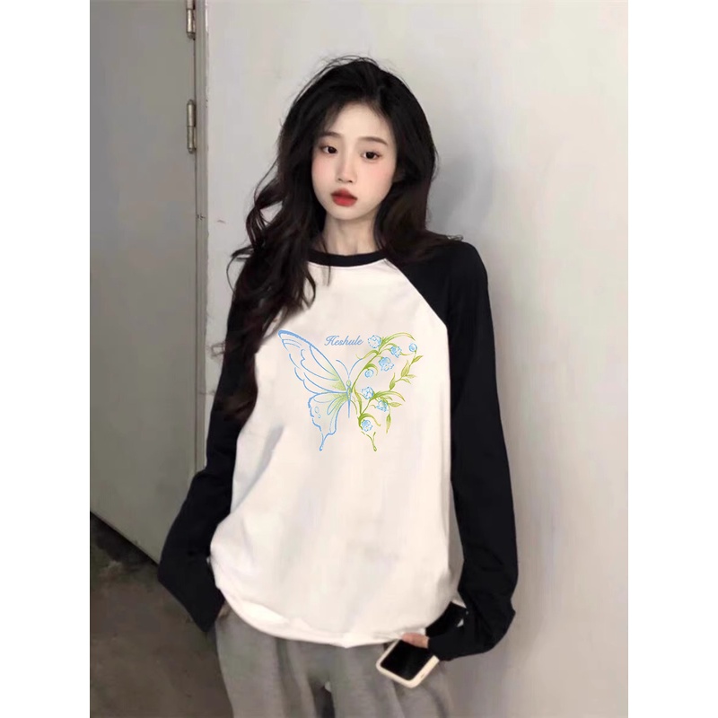 美式蝴蝶长袖打底衫女宽松插肩拼接上衣内搭2025春秋撞色t恤百搭