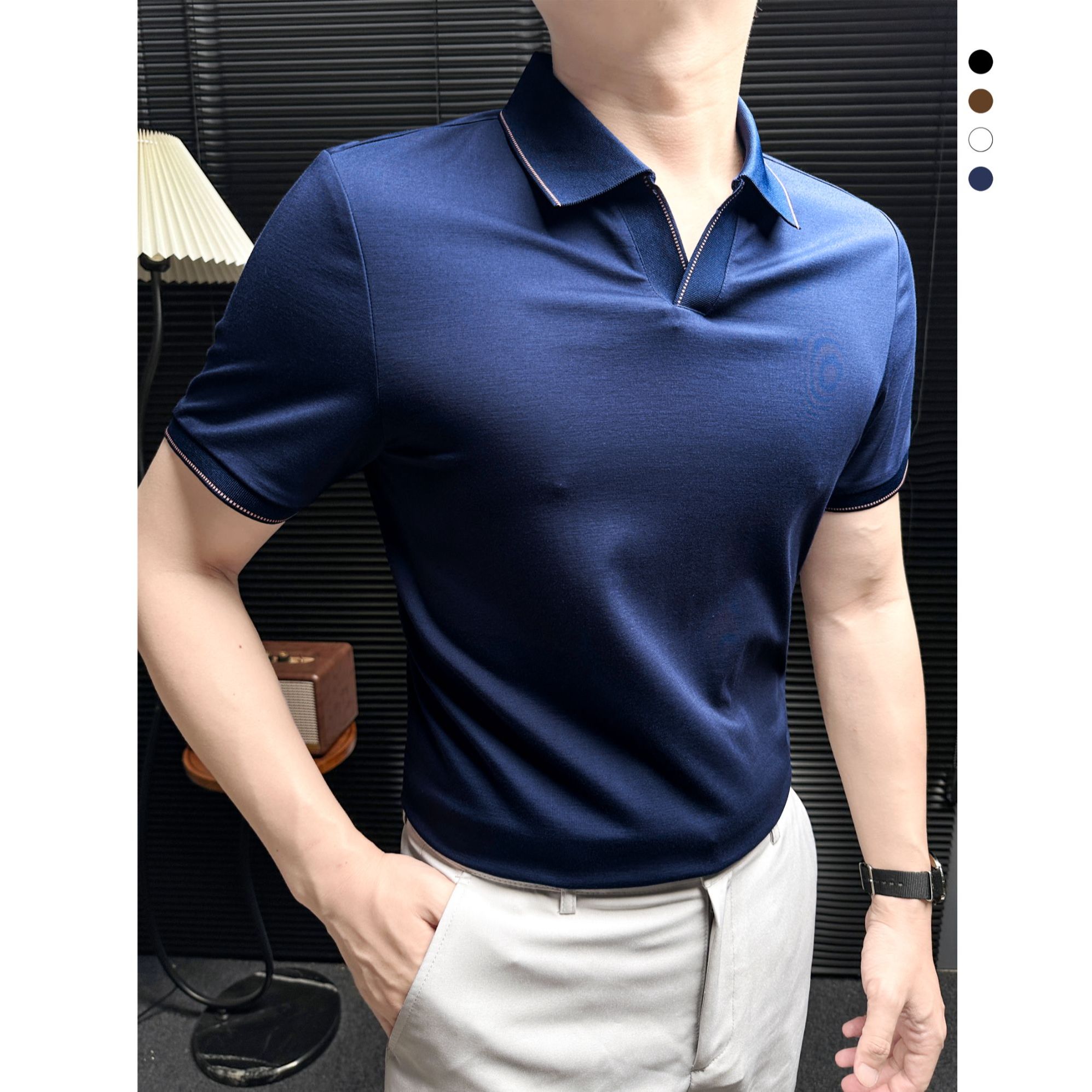 简欧风V领polo衫男款爆款2025新款夏季高级感男装纯色男士短袖t恤