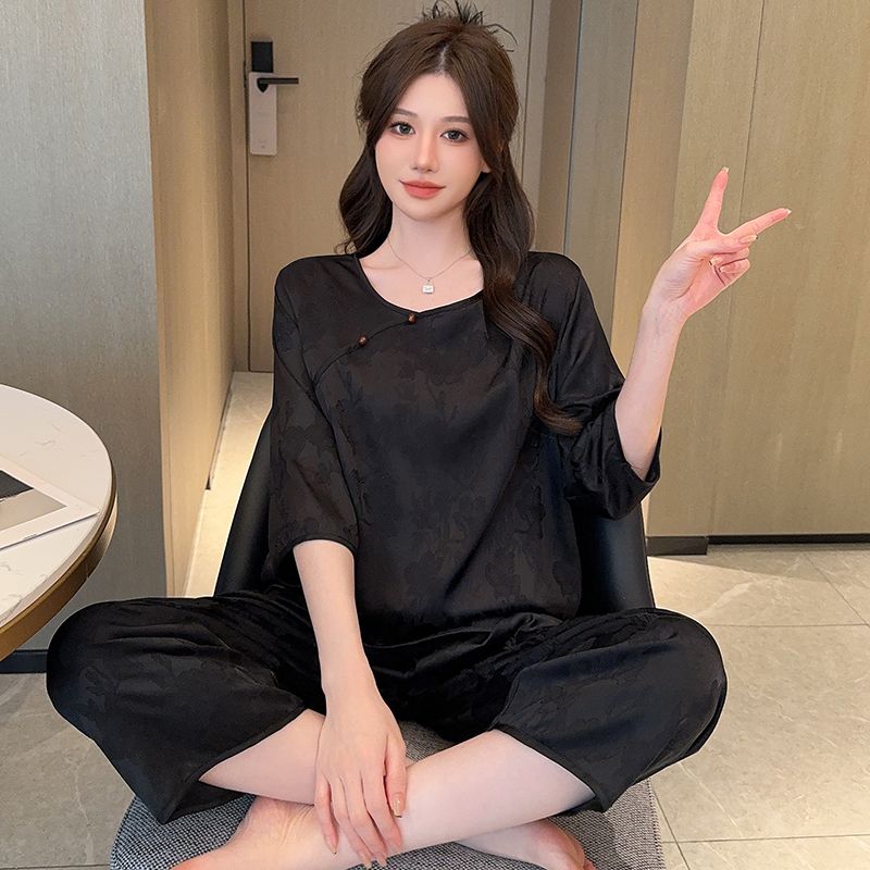 国风高级感冰丝睡衣女中袖八分裤夏季宽松网红风家居服套装