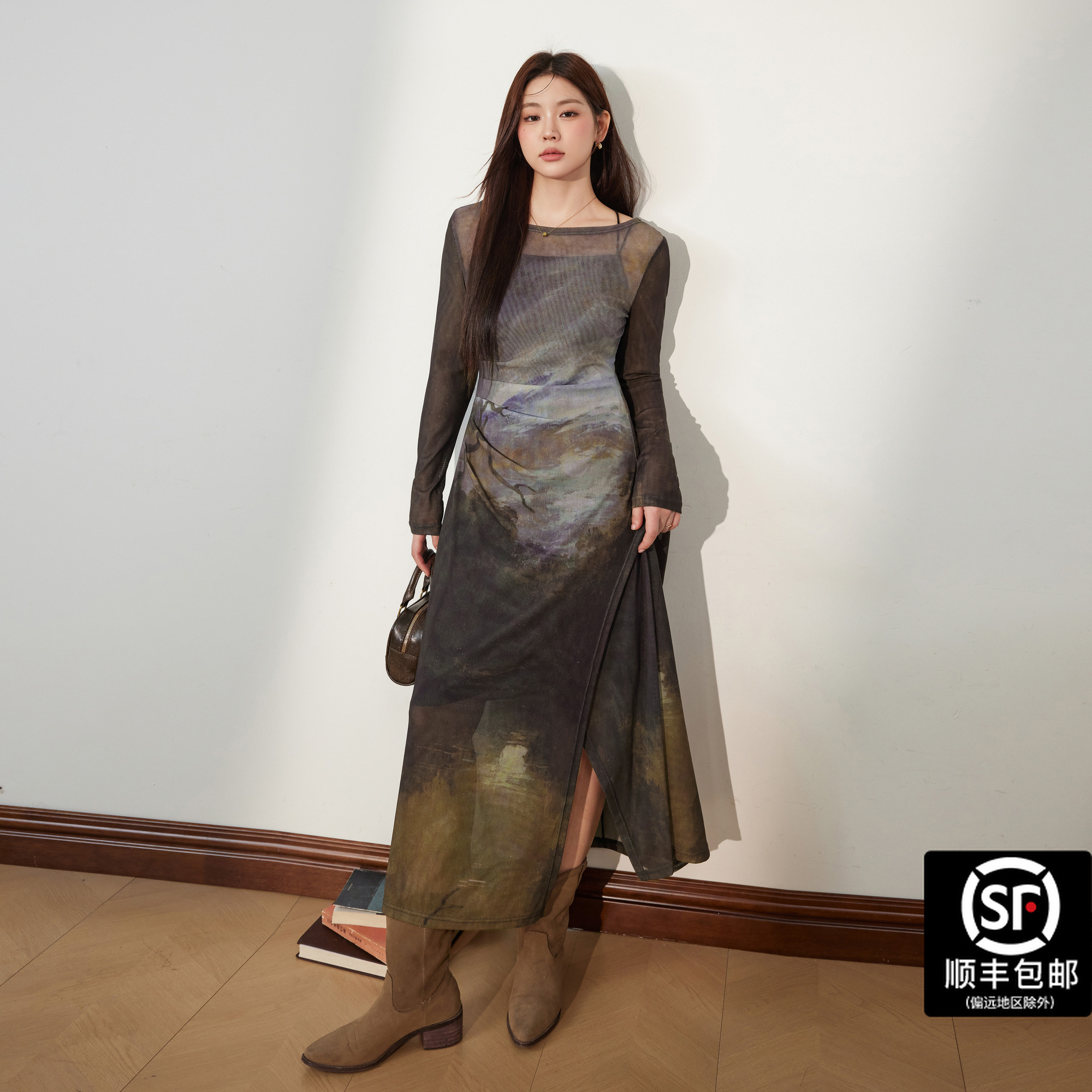 蓝语大码女装流光风气质晕染网纱连衣裙内搭吊带裙秋冬显瘦套装