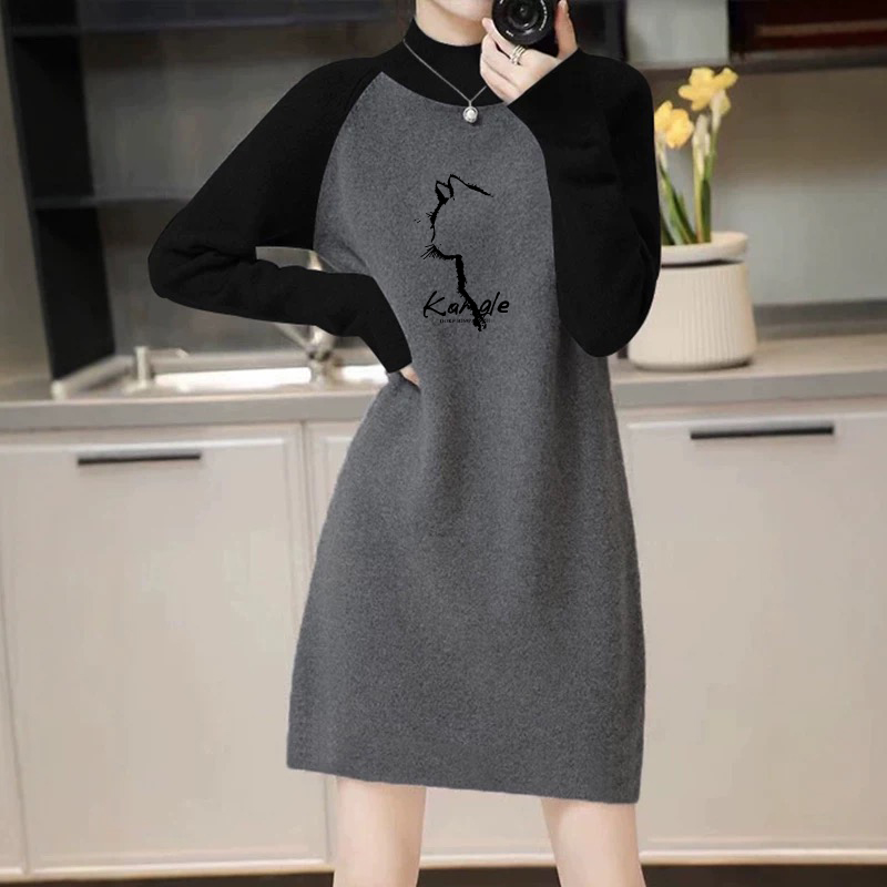 潮流拼接撞色半高领插肩袖双面德绒中长款遮臀女装秋冬长袖上衣