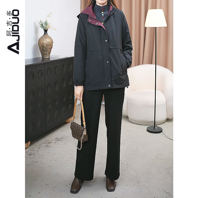 阿吉多A30893休闲百搭连帽棉服外套女冬季洋气宽松加厚保暖短风衣