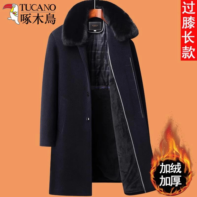 啄木鸟冬季中老年人男大衣爸爸冬装外套毛呢爷爷长款加绒加厚风衣