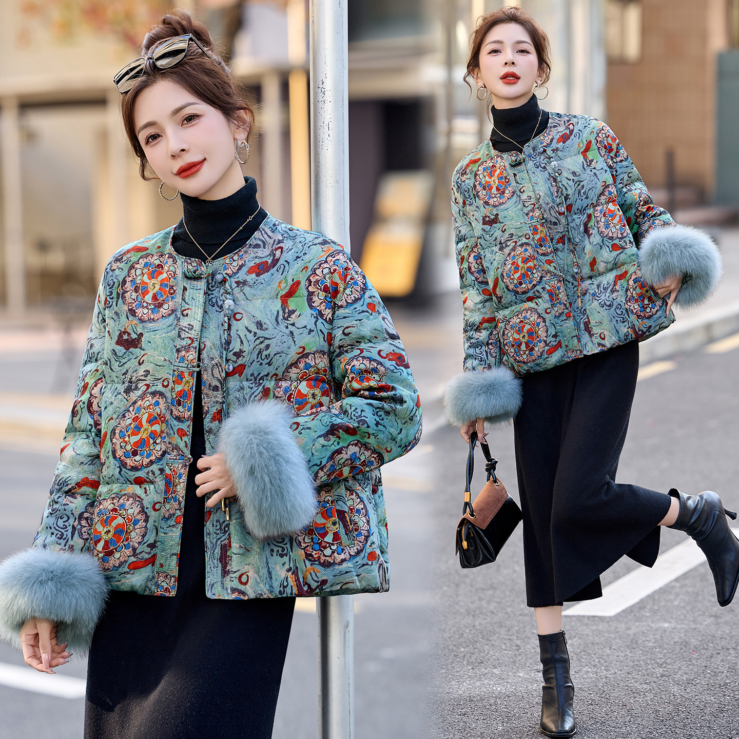 新中式狐狸毛拼接提花羽绒服女2025冬季新款复古气质白鸭绒短外套