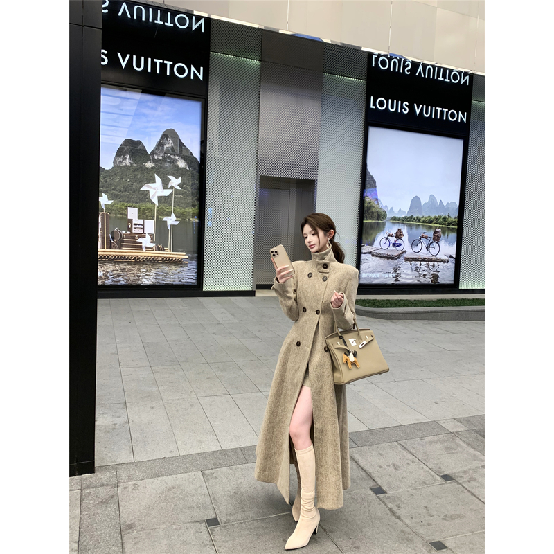 新款秋冬季韩版收腰毛呢外套女高级感中长款过膝气质立领呢子大衣