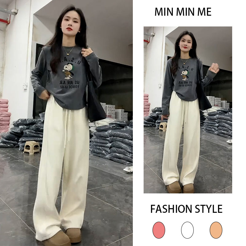 2025秋冬季新款设计感轻熟风圆领显瘦上衣女搭配休闲阔腿裤两件套