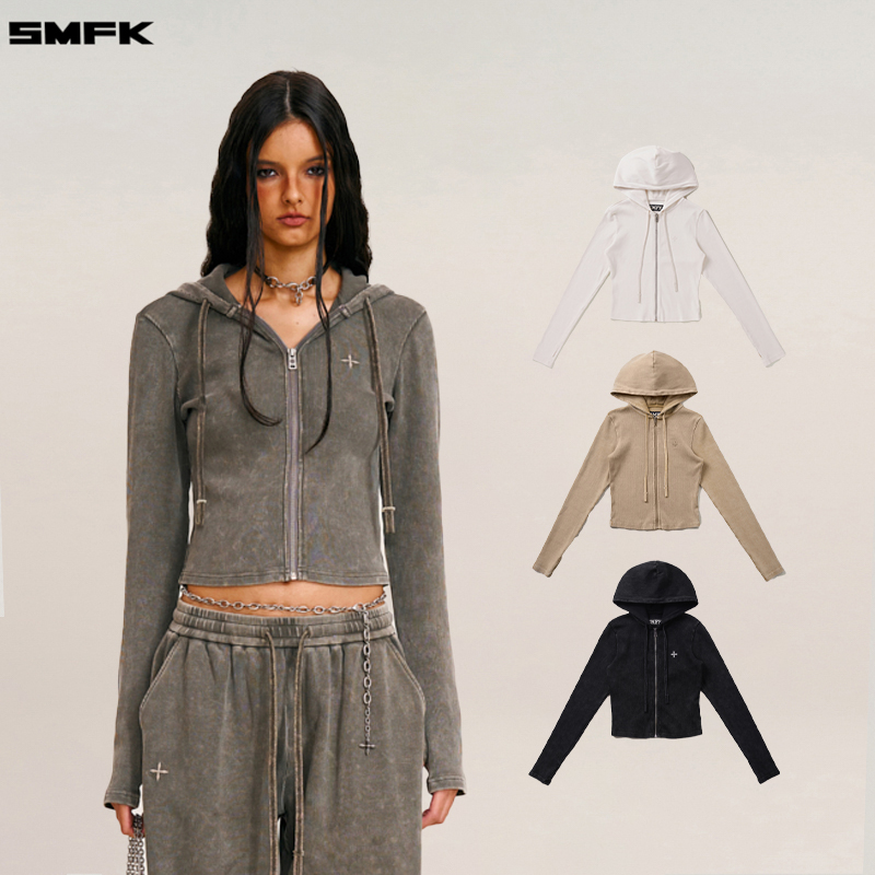 SMFK野性复古修身拉链帽衫 CHV11W 短款修身显瘦连帽上衣运动外套