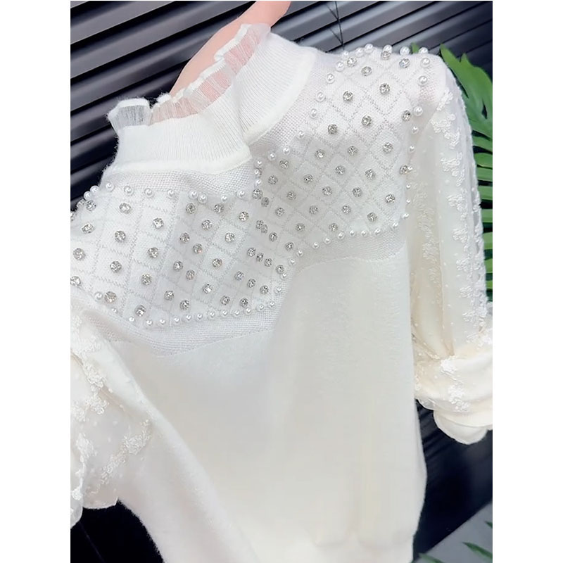 法式白色高领蕾丝针织衫女2025冬季大码胖MM修身显瘦内搭打底上衣