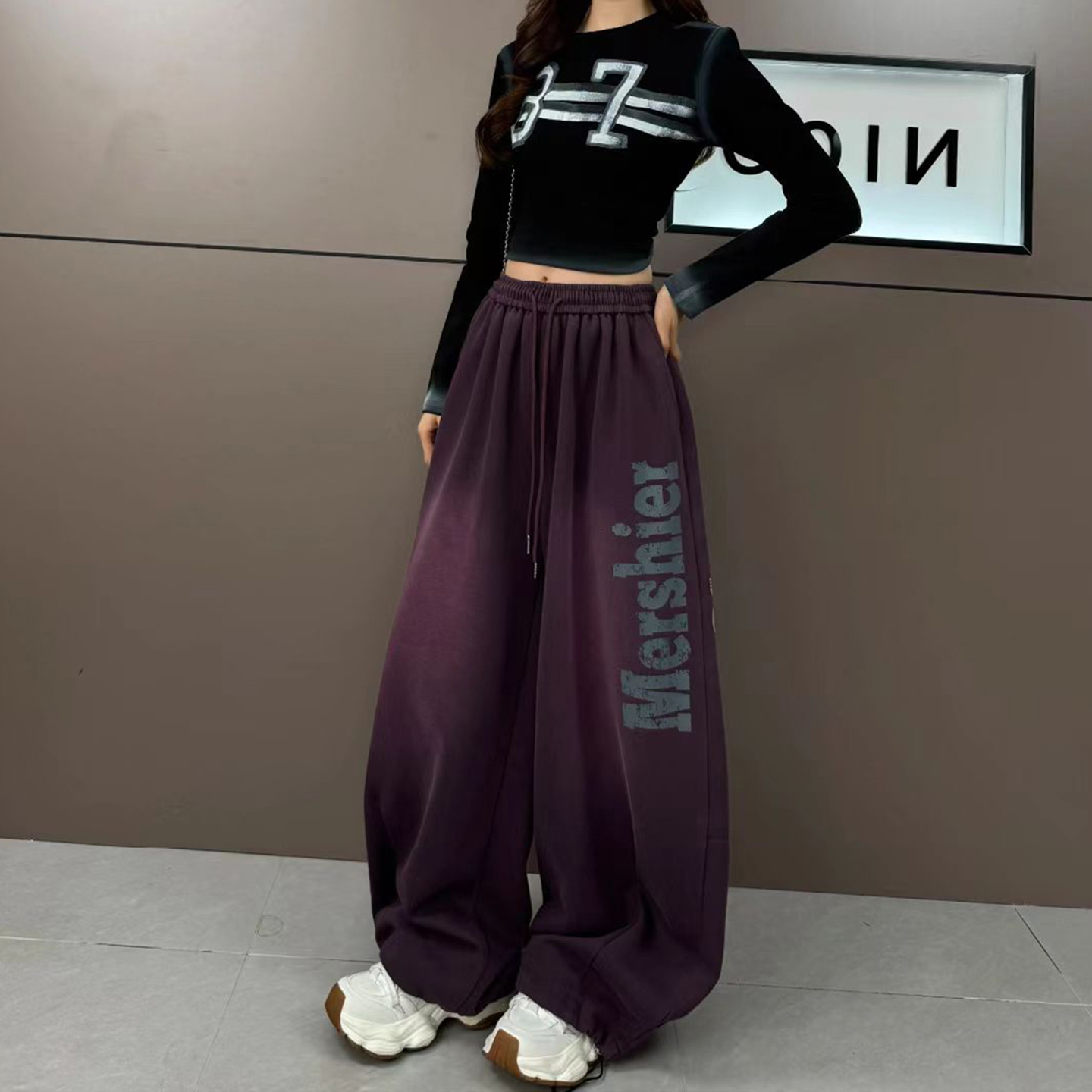 美式街头爵士舞运动裤女宽松大板型做旧印花飘带阔腿两穿休闲卫裤