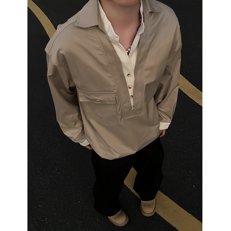 老钱风V领假两件长袖衬衫男秋季高级感痞帅衬衣美式复古工装外套