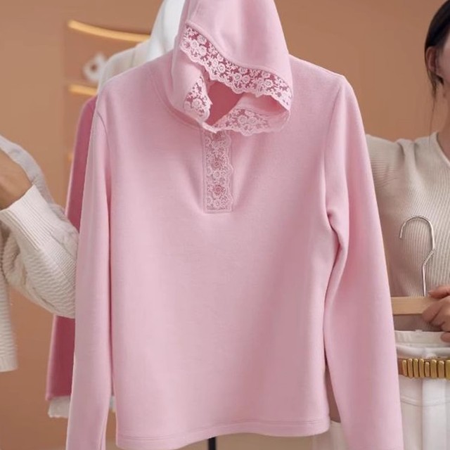 粉色连帽长袖t恤女秋冬内搭蕾丝打底衫2025新款洋气百搭气质上衣