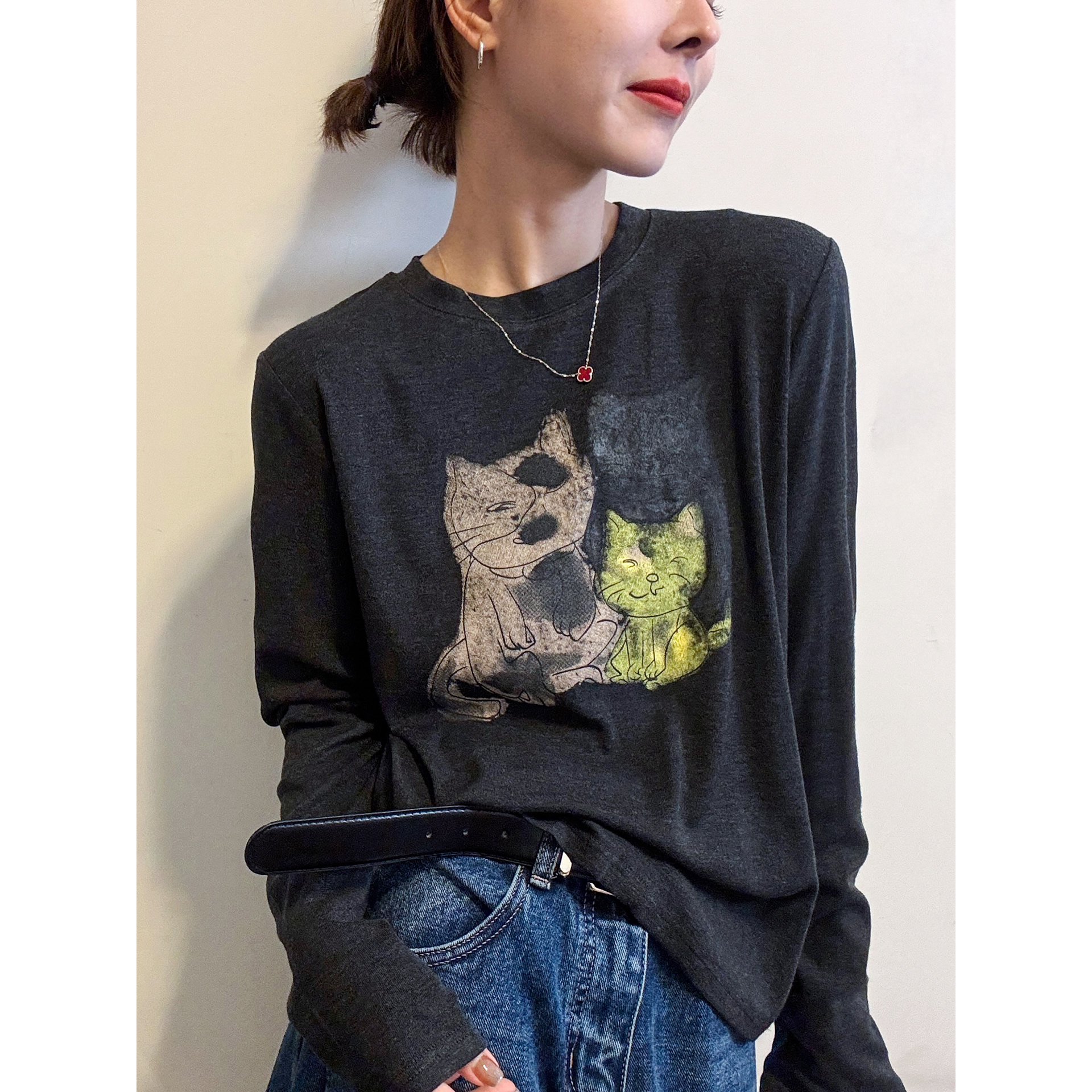 小猫印花面膜长袖T恤女欧洲站2025秋装新款欧货女装洋气打底衫潮