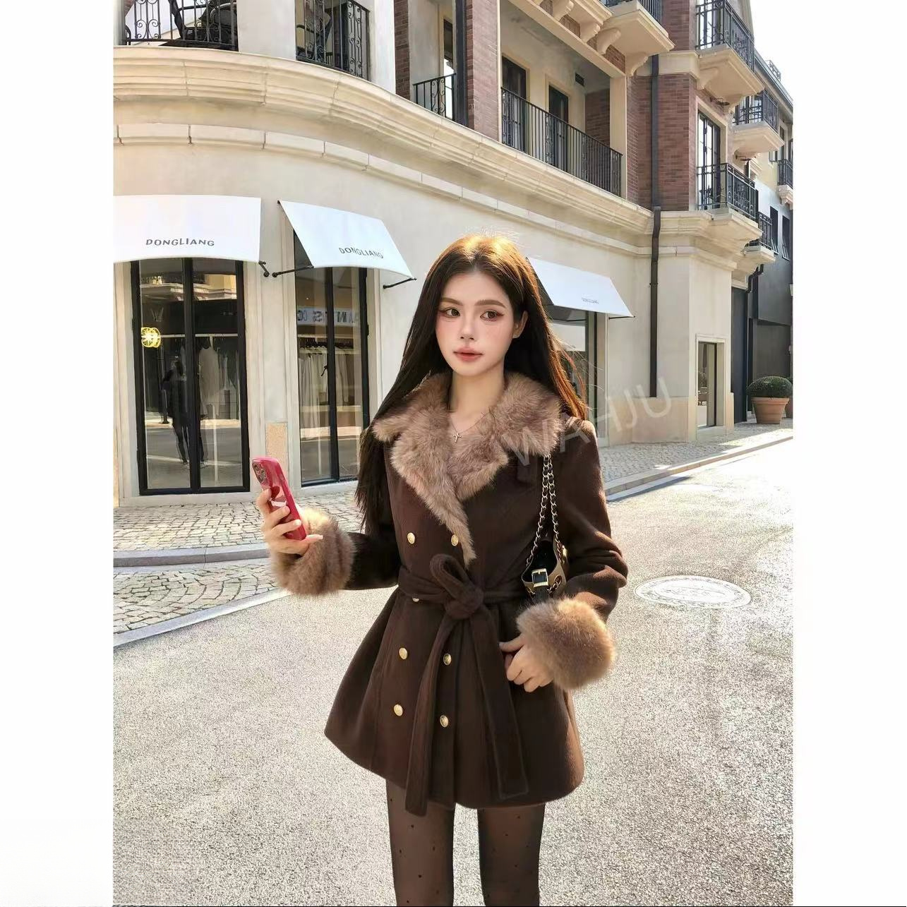 画解WAHJU 古着秀场复古皮毛一体系带收腰显瘦呢子大衣外套8670丰