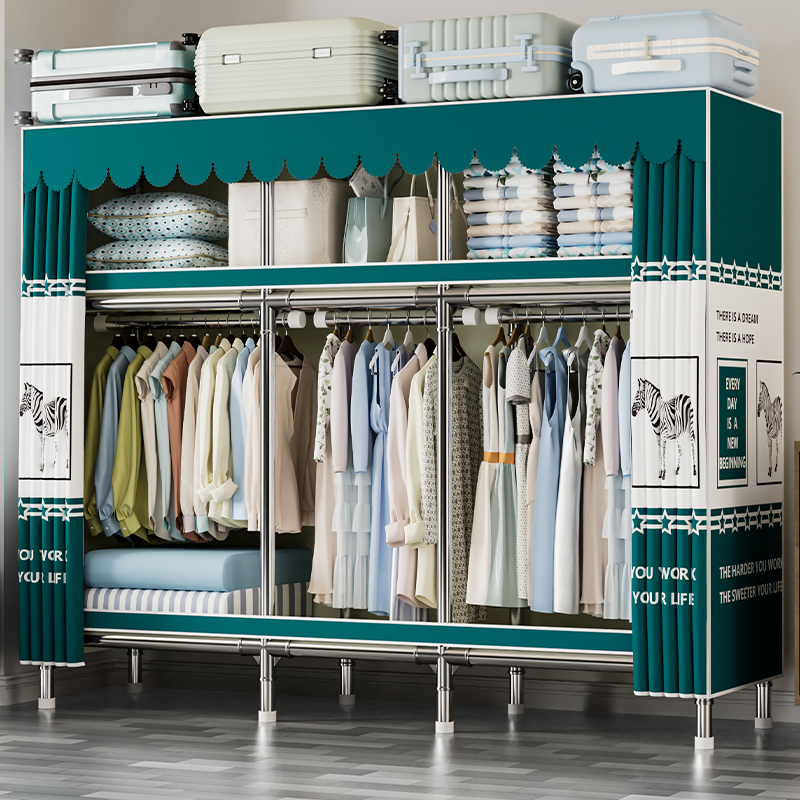 简易布衣柜合金接头加粗加固钢管家用卧室出租房全封闭防尘衣橱