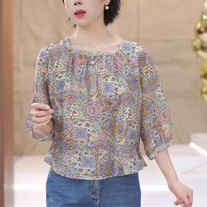 女士印花半袖衬衫2025夏季新款洋气减龄宽松显瘦别致亚麻小衫上衣