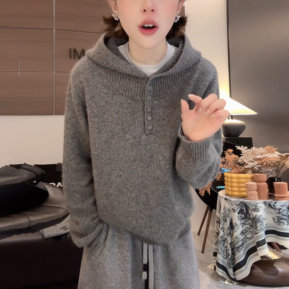 慵懒风灰色连帽毛衣女秋冬高级感宽松显瘦洋气内搭打底针织衫上衣