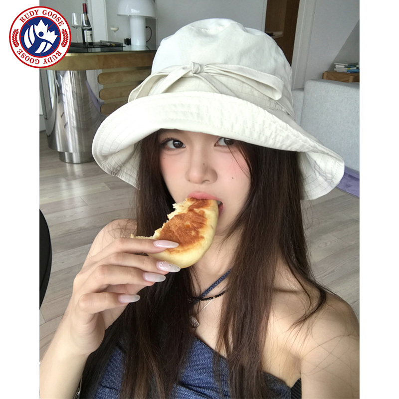 RUDY GOOSE 韩系蝴蝶结渔夫帽子女夏季薄款透气遮阳防晒防风绳帽