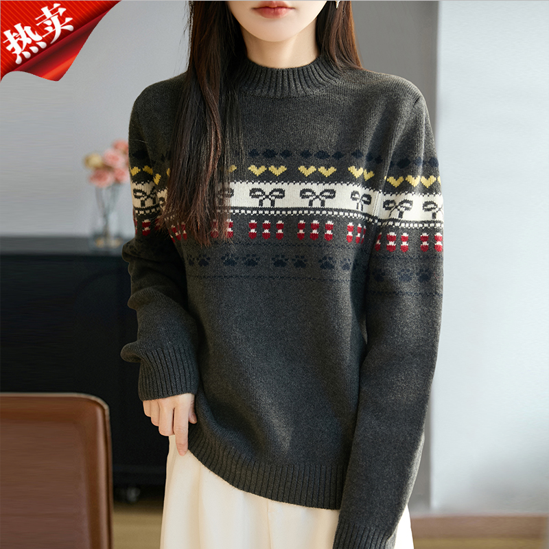 2026新款费尔岛提花针织衫复古半高领内搭打底羊毛衫女保暖毛衣冬